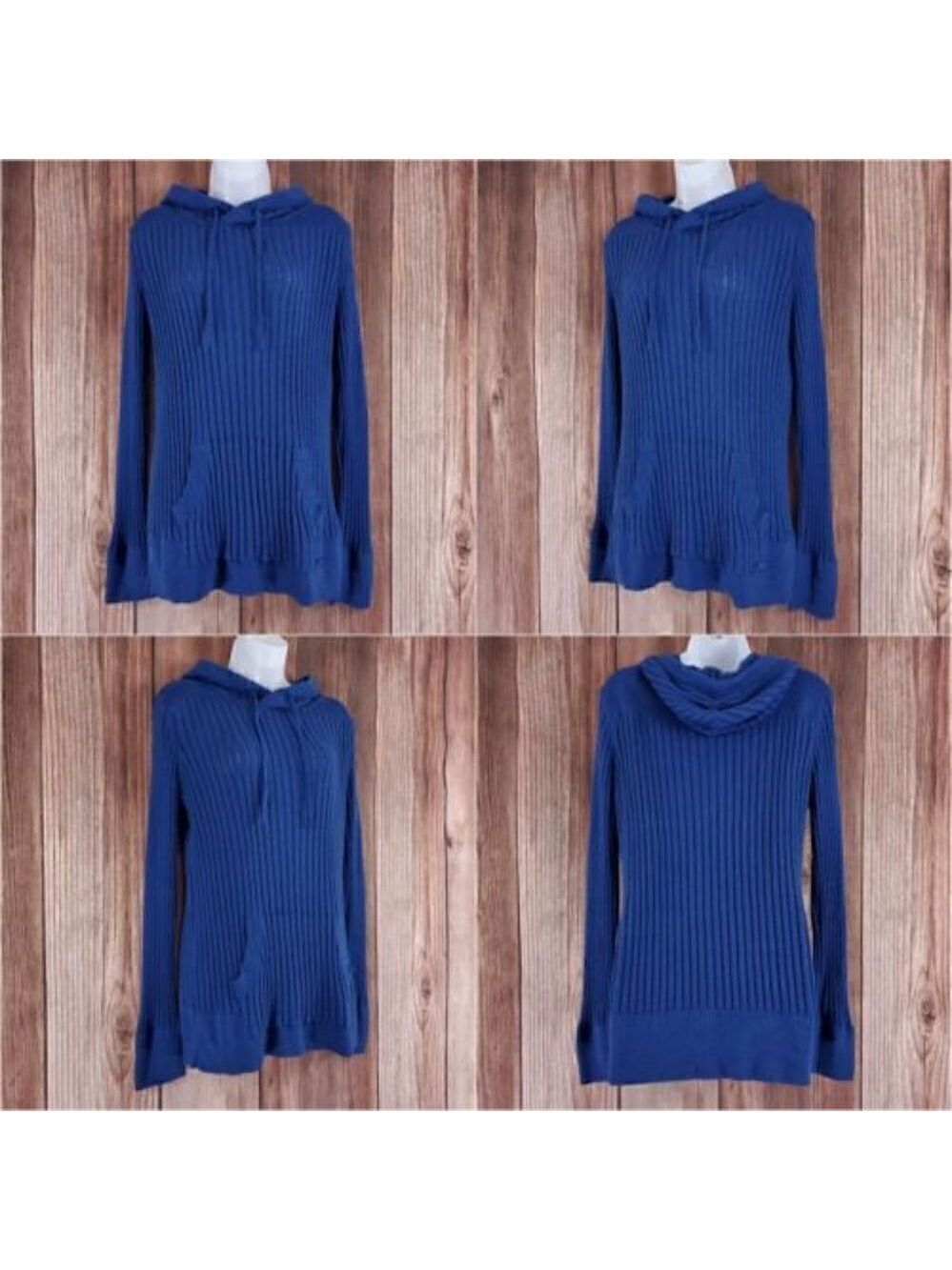 *Flaw Betabrand Seaside Jumper Womens Large Blue Knit Hooded Sweater Thumb Holes